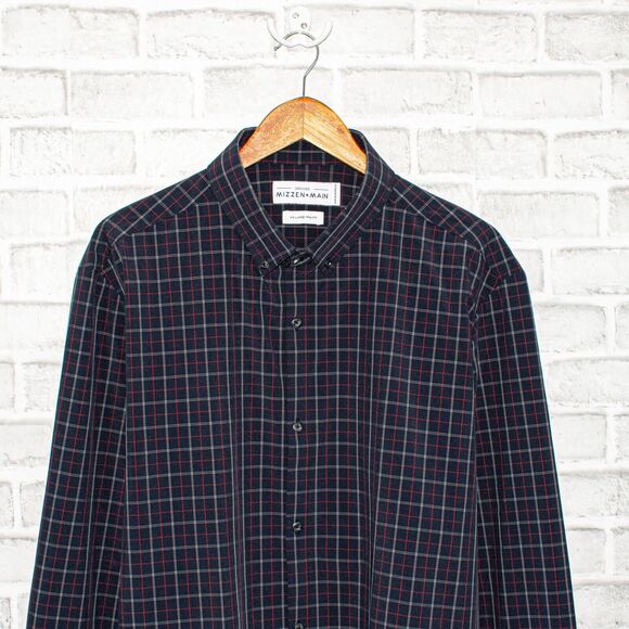 MIZZEN + MAIN Men's Trim Fit Button Down Shirt Navy Grid Check Size 2XL - Picture 4 of 7